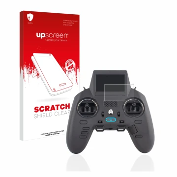 Parte frontal de un envase de producto con el logotipo de la marca upscreen. Al lado se muestra el dispositivo Radiomaster Zor