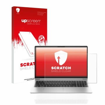 Parte frontal de un envase de producto con el logotipo de la marca upscreen. Al lado se muestra el dispositivo HP ProBook 450 