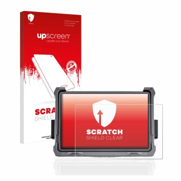 Parte frontal de un envase de producto con el logotipo de la marca upscreen. Al lado se muestra el dispositivo DJI Transmissio