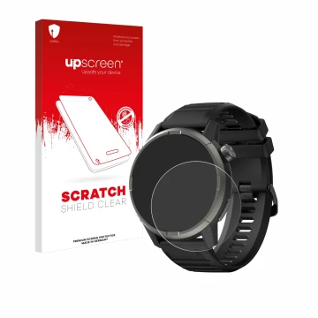 Parte frontal de un envase de producto con el logotipo de la marca upscreen. Al lado se muestra el dispositivo Kiprun GPS 900 