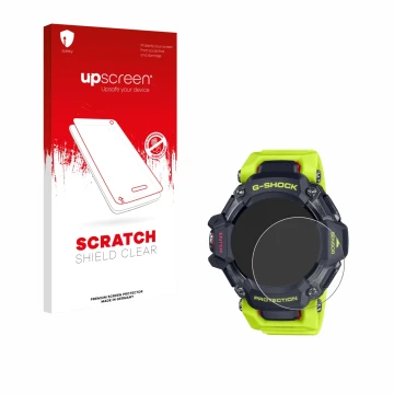 Parte frontal de un envase de producto con el logotipo de la marca upscreen. Al lado se muestra el dispositivo Casio G-Shock G