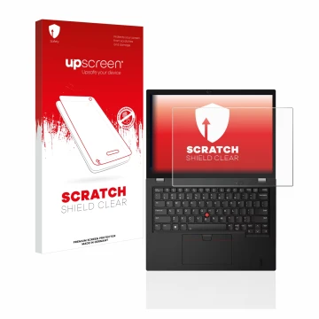 Parte frontal de un envase de producto con el logotipo de la marca upscreen. Al lado se muestra el dispositivo Lenovo Thinkpad