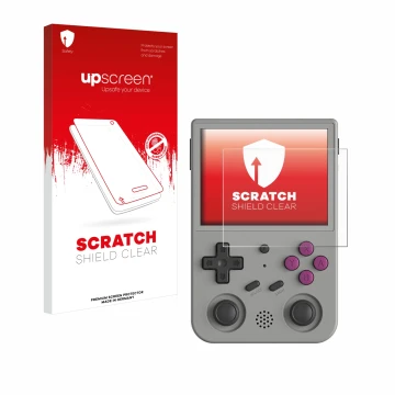 Parte frontal de un envase de producto con el logotipo de la marca upscreen. Al lado se muestra el dispositivo Anbernic RG353V