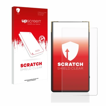 Parte frontal de un envase de producto con el logotipo de la marca upscreen. Al lado se muestra el dispositivo Sony Walkman NW