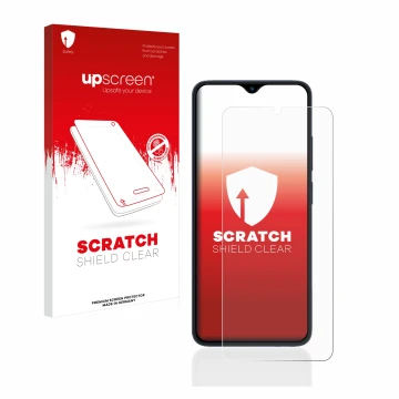 Parte frontal de un envase de producto con el logotipo de la marca upscreen. Al lado se muestra el dispositivo Xiaomi Redmi 12