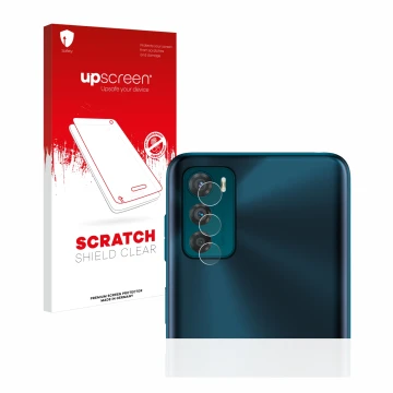 Parte frontal de un envase de producto con el logotipo de la marca upscreen. Al lado se muestra el dispositivo Motorola Moto G