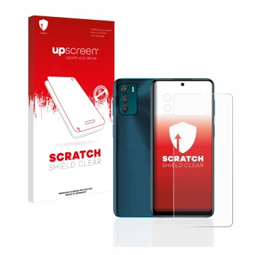 Parte frontal de un envase de producto con el logotipo de la marca upscreen. Al lado se muestra el dispositivo Motorola Moto G