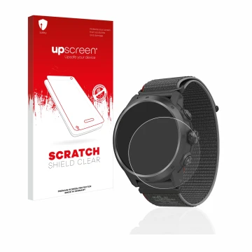 Parte frontal de un envase de producto con el logotipo de la marca upscreen. Al lado se muestra el dispositivo Coros Apex 2 Pr