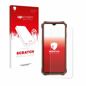 Parte frontal de un envase de producto con el logotipo de la marca upscreen. Al lado se muestra el dispositivo Blackview BV920