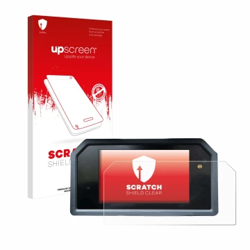 Parte frontal de un envase de producto con el logotipo de la marca upscreen. Al lado se muestra el dispositivo Yamaha Tmax 560