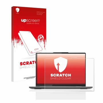 Parte frontal de un envase de producto con el logotipo de la marca upscreen. Al lado se muestra el dispositivo Lenovo Yoga 7 G