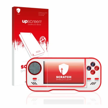 Parte frontal de un envase de producto con el logotipo de la marca upscreen. Al lado se muestra el dispositivo Blaze Evercade 