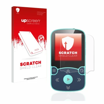Parte frontal de un envase de producto con el logotipo de la marca upscreen. Al lado se muestra el dispositivo AGPtek A65X MP3