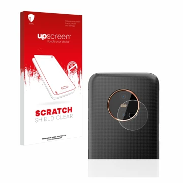 Parte frontal de un envase de producto con el logotipo de la marca upscreen. Al lado se muestra el dispositivo Gigaset GX6 (SÓ