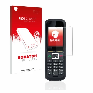 Parte frontal de un envase de producto con el logotipo de la marca upscreen. Al lado se muestra el dispositivo Gigaset R700H P