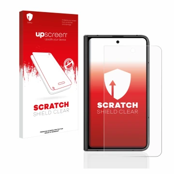 Parte frontal de un envase de producto con el logotipo de la marca upscreen. Al lado se muestra el dispositivo Google Pixel Fo