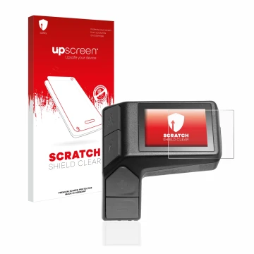Parte frontal de un envase de producto con el logotipo de la marca upscreen. Al lado se muestra el dispositivo Giant Ridecontr
