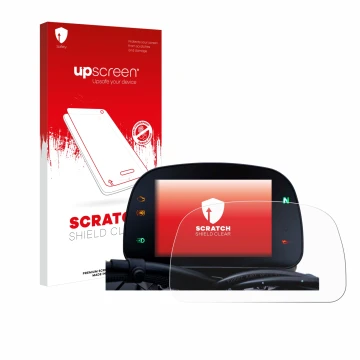 Parte frontal de un envase de producto con el logotipo de la marca upscreen. Al lado se muestra el dispositivo Moto Morini Sei