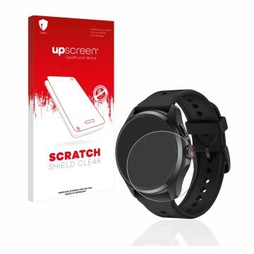 Parte frontal de un envase de producto con el logotipo de la marca upscreen. Al lado se muestra el dispositivo Mobvoi TicWatch