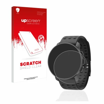 Parte frontal de un envase de producto con el logotipo de la marca upscreen. Al lado se muestra el dispositivo Suunto 9 Peak P