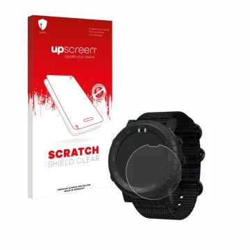 Parte frontal de un envase de producto con el logotipo de la marca upscreen. Al lado se muestra el dispositivo Suunto Core Alp