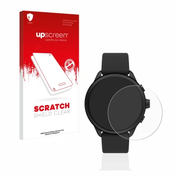 Parte frontal de un envase de producto con el logotipo de la marca upscreen. Al lado se muestra el dispositivo Fossil Smartwat