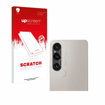 Parte frontal de un envase de producto con el logotipo de la marca upscreen. Al lado se muestra el dispositivo Sony Xperia 1 V