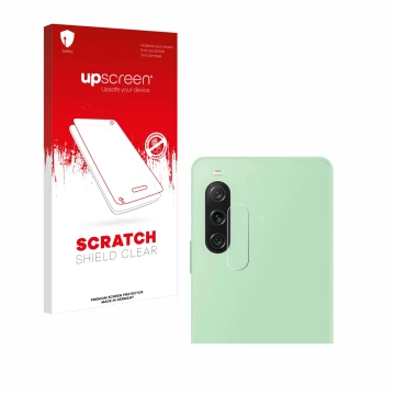 Parte frontal de un envase de producto con el logotipo de la marca upscreen. Al lado se muestra el dispositivo Sony Xperia 10 