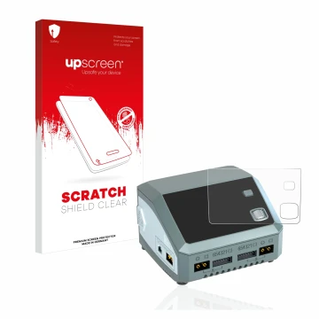 Parte frontal de un envase de producto con el logotipo de la marca upscreen. Al lado se muestra el dispositivo SkyRc D200 neo 
