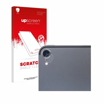 Parte frontal de un envase de producto con el logotipo de la marca upscreen. Al lado se muestra el dispositivo Apple iPad Pro 