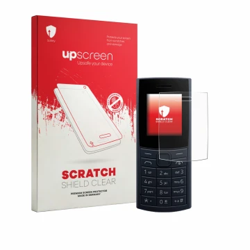 Parte frontal de un envase de producto con el logotipo de la marca upscreen. Al lado se muestra el dispositivo Nokia 110 4G (2