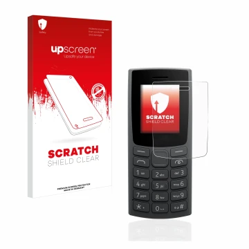 Parte frontal de un envase de producto con el logotipo de la marca upscreen. Al lado se muestra el dispositivo Nokia 105 (2023