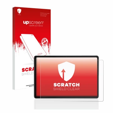 Parte frontal de un envase de producto con el logotipo de la marca upscreen. Al lado se muestra el dispositivo Blackview Tab 7