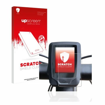 Parte frontal de un envase de producto con el logotipo de la marca upscreen. Al lado se muestra el dispositivo Specialized tur