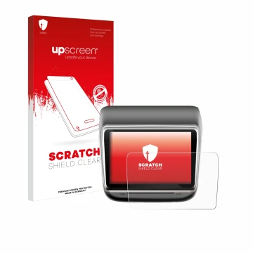 Parte frontal de un envase de producto con el logotipo de la marca upscreen. Al lado se muestra el dispositivo Tesla Model Y I