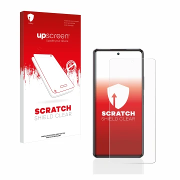 Parte frontal de un envase de producto con el logotipo de la marca upscreen. Al lado se muestra el dispositivo Infinix Note 30
