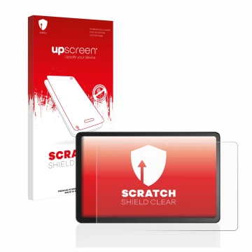 Parte frontal de un envase de producto con el logotipo de la marca upscreen. Al lado se muestra el dispositivo Amazon Fire Max