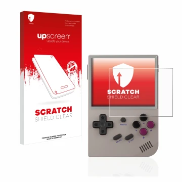 Parte frontal de un envase de producto con el logotipo de la marca upscreen. Al lado se muestra el dispositivo Anbernic RG35XX