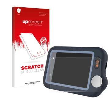 Parte frontal de un envase de producto con el logotipo de la marca upscreen. Al lado se muestra el dispositivo Wellue Pulsebit