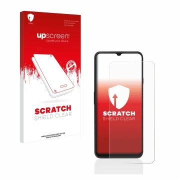 Parte frontal de un envase de producto con el logotipo de la marca upscreen. Al lado se muestra el dispositivo Cubot P80 con s