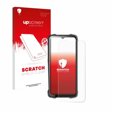 Parte frontal de un envase de producto con el logotipo de la marca upscreen. Al lado se muestra el dispositivo Cubot King Kong