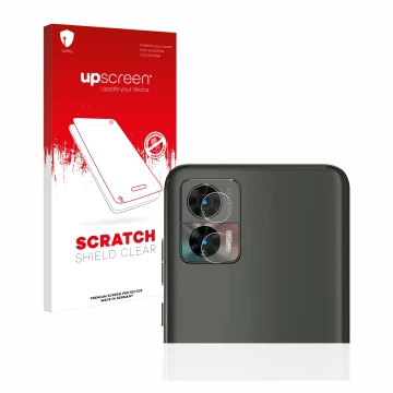 Parte frontal de un envase de producto con el logotipo de la marca upscreen. Al lado se muestra el dispositivo Motorola Edge 3