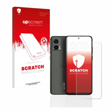 Parte frontal de un envase de producto con el logotipo de la marca upscreen. Al lado se muestra el dispositivo Motorola Edge 3