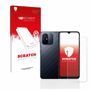 Parte frontal de un envase de producto con el logotipo de la marca upscreen. Al lado se muestra el dispositivo Xiaomi Redmi 12