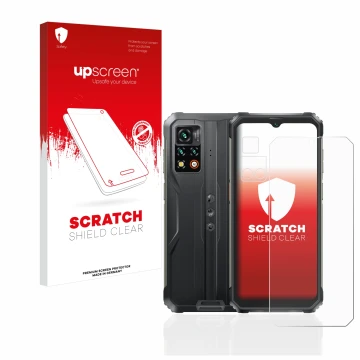 Parte frontal de un envase de producto con el logotipo de la marca upscreen. Al lado se muestra el dispositivo Blackview BV920