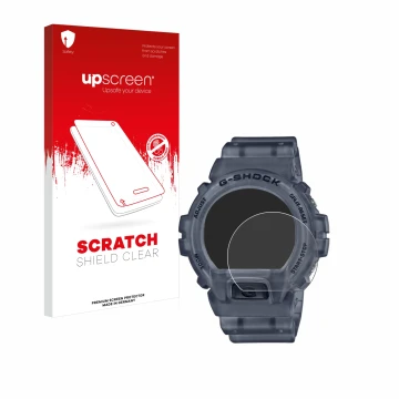 Parte frontal de un envase de producto con el logotipo de la marca upscreen. Al lado se muestra el dispositivo Casio G-Shock D