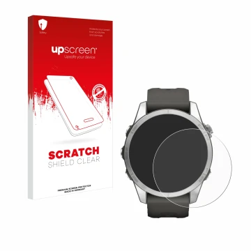 Parte frontal de un envase de producto con el logotipo de la marca upscreen. Al lado se muestra el dispositivo Garmin Fenix 7S
