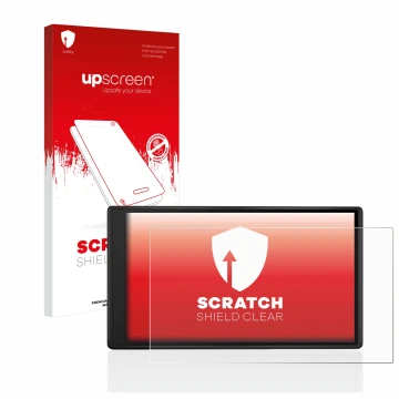 Parte frontal de un envase de producto con el logotipo de la marca upscreen. Al lado se muestra el dispositivo Garmin Drive 55