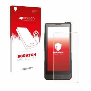 Parte frontal de un envase de producto con el logotipo de la marca upscreen. Al lado se muestra el dispositivo Sonim XP10 con 