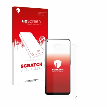 Parte frontal de un envase de producto con el logotipo de la marca upscreen. Al lado se muestra el dispositivo Unihertz Luna c